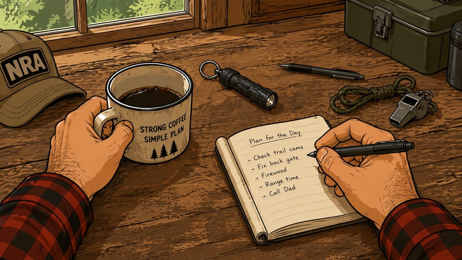 POV of hands in a flannel shirt at a weathered wooden cabin table. One hand holds a coffee mug reading "Strong Coffee Simple Plan"; the other is writing a to-do list in an open field notebook. Keychain flashlight, tactical pen, paracord, and aluminum whistle arranged on the table with a cabin window behind.