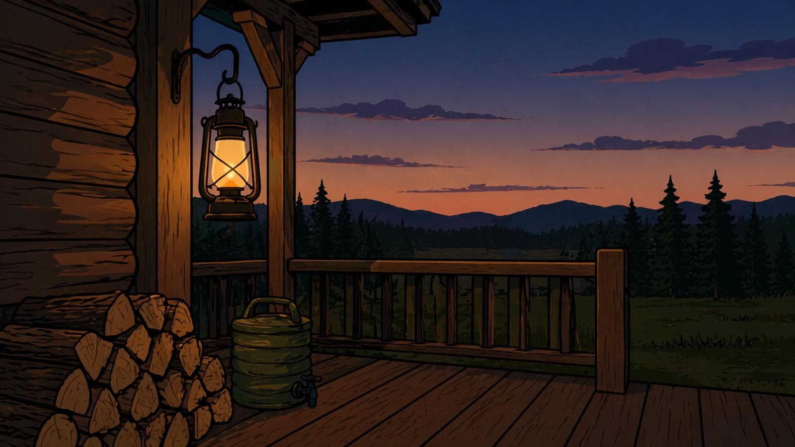 Log cabin porch at dusk: an amber lantern hangs from a wooden hook, a stack of firewood sits against the wall, a green collapsible water jug rests on the porch floor, and Tennessee mountain silhouettes recede into a purple-orange sunset.