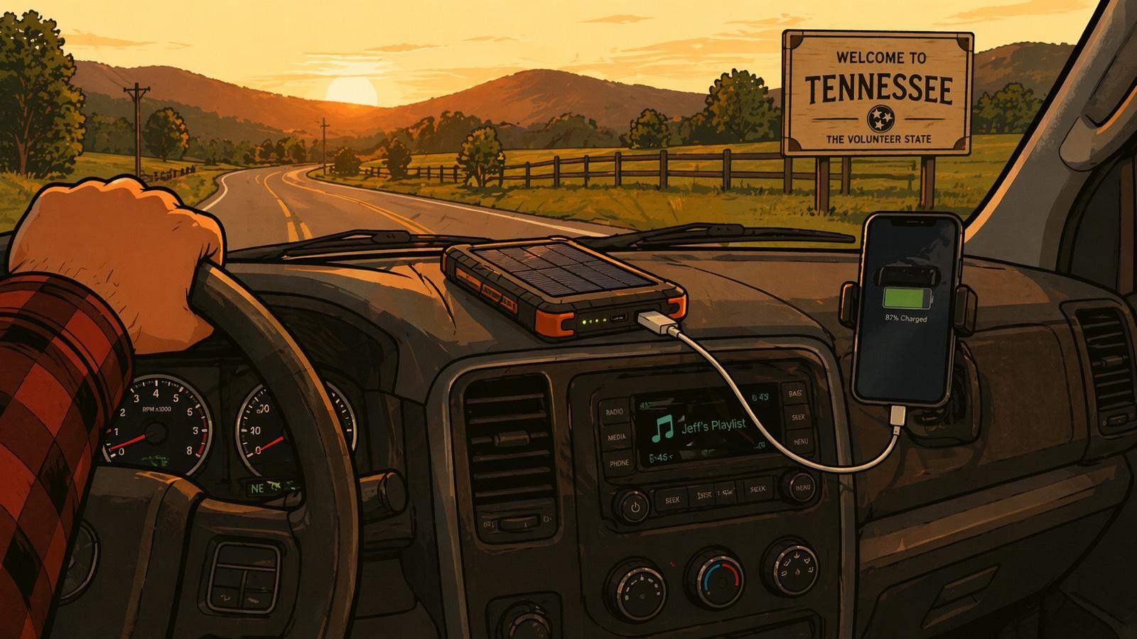 POV from a truck cab at golden hour: flannel-sleeved hand on the steering wheel, a solar power bank on the dashboard charging a phone mounted on the vent at 87%, and a "Welcome to Tennessee — The Volunteer State" sign ahead on a rural road through rolling hills at sunset.
