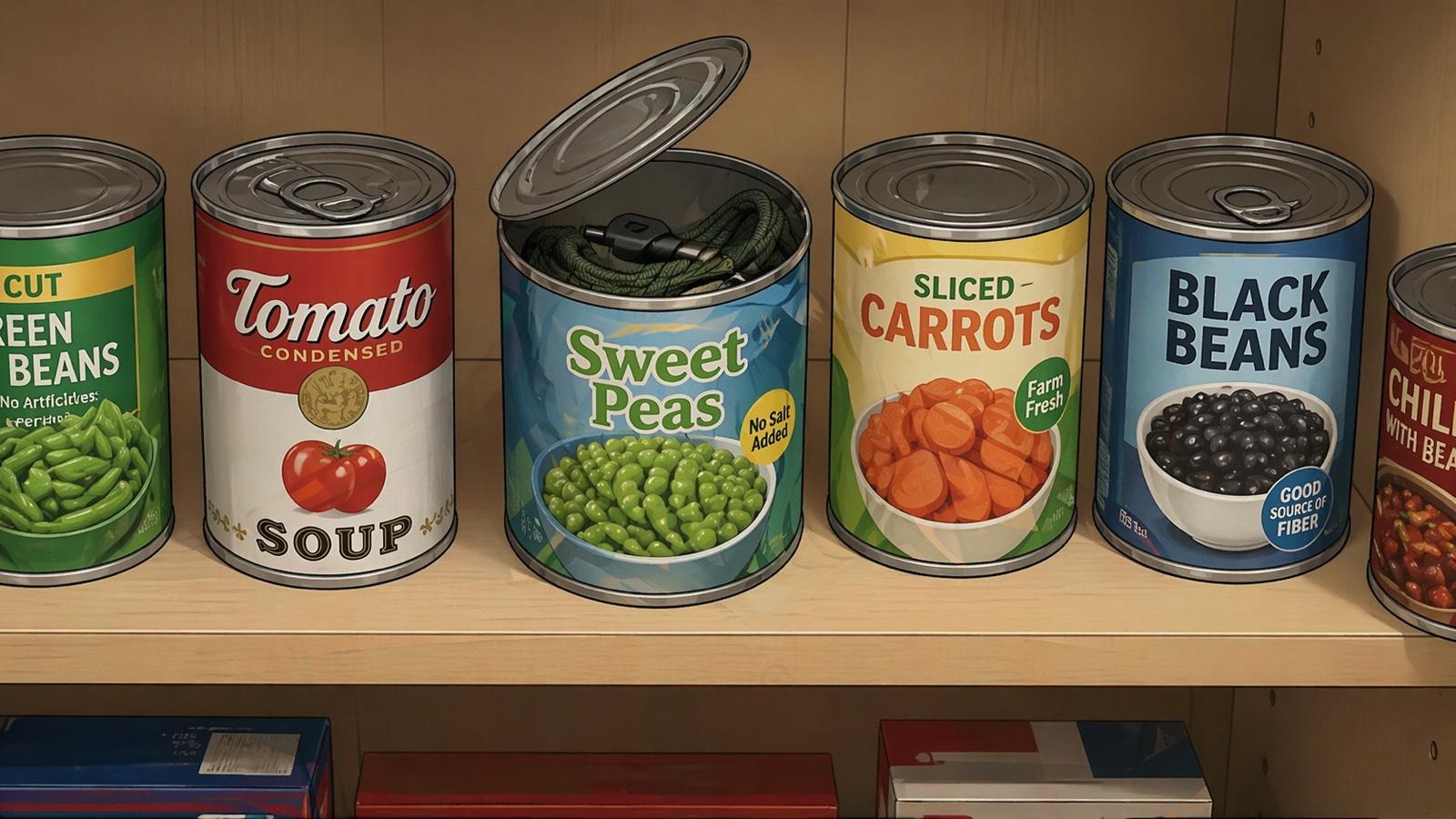 Pantry shelf lined with ordinary-looking cans — green beans, tomato soup, sweet peas, sliced carrots, black beans, chili. The middle "Sweet Peas" can has its lid peeled back to reveal a coiled green paracord hidden inside: a diversion safe sitting in plain sight.