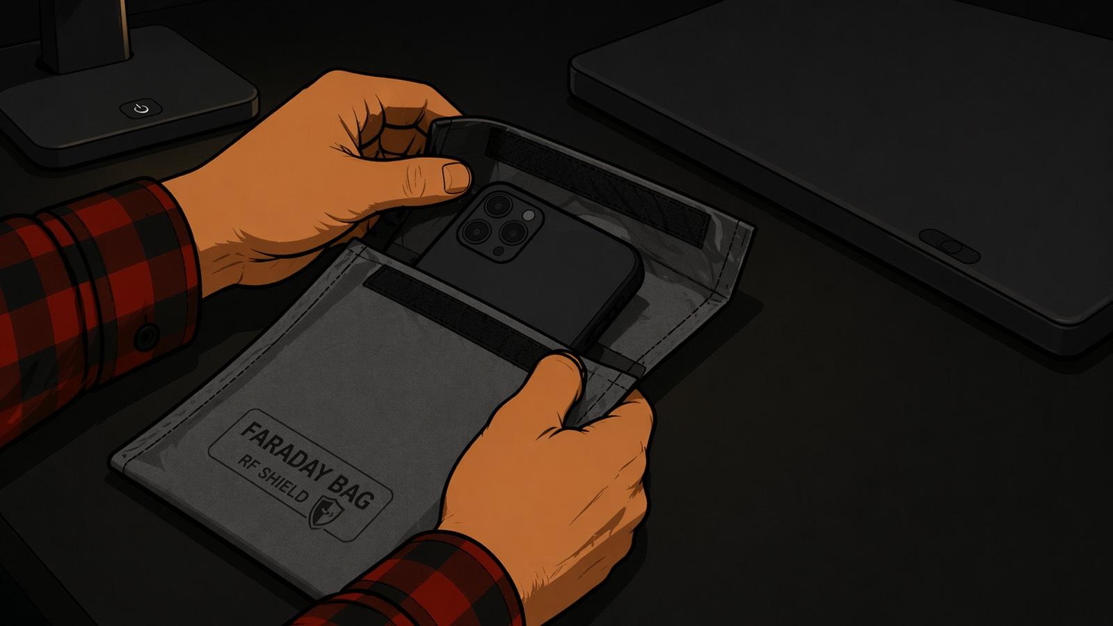 Hands in a flannel shirt sealing a phone into a Faraday bag labeled "FARADAY BAG — RF SHIELD" on a dark desk. A closed laptop and a small lamp sit nearby in low light.