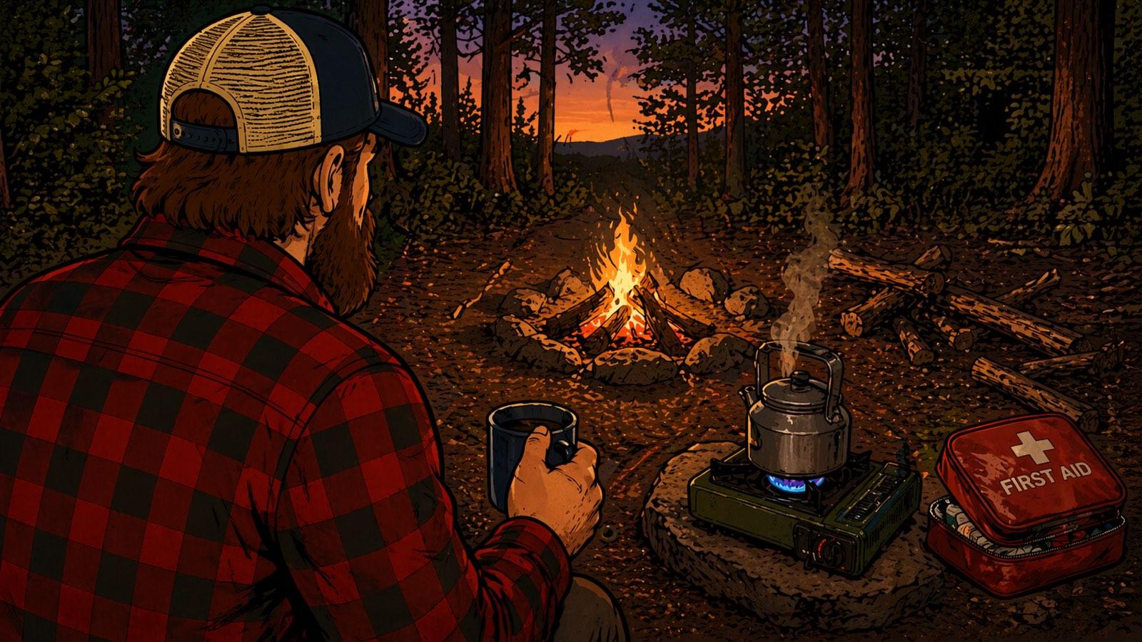 Bearded man in a red flannel shirt and trucker cap crouched beside a stone fire ring at dusk, holding a tin mug. A butane camping stove runs next to him with a kettle steaming on the flame, a red first aid kit sitting within arm’s reach, and the orange glow of a forest sunset behind the trees.