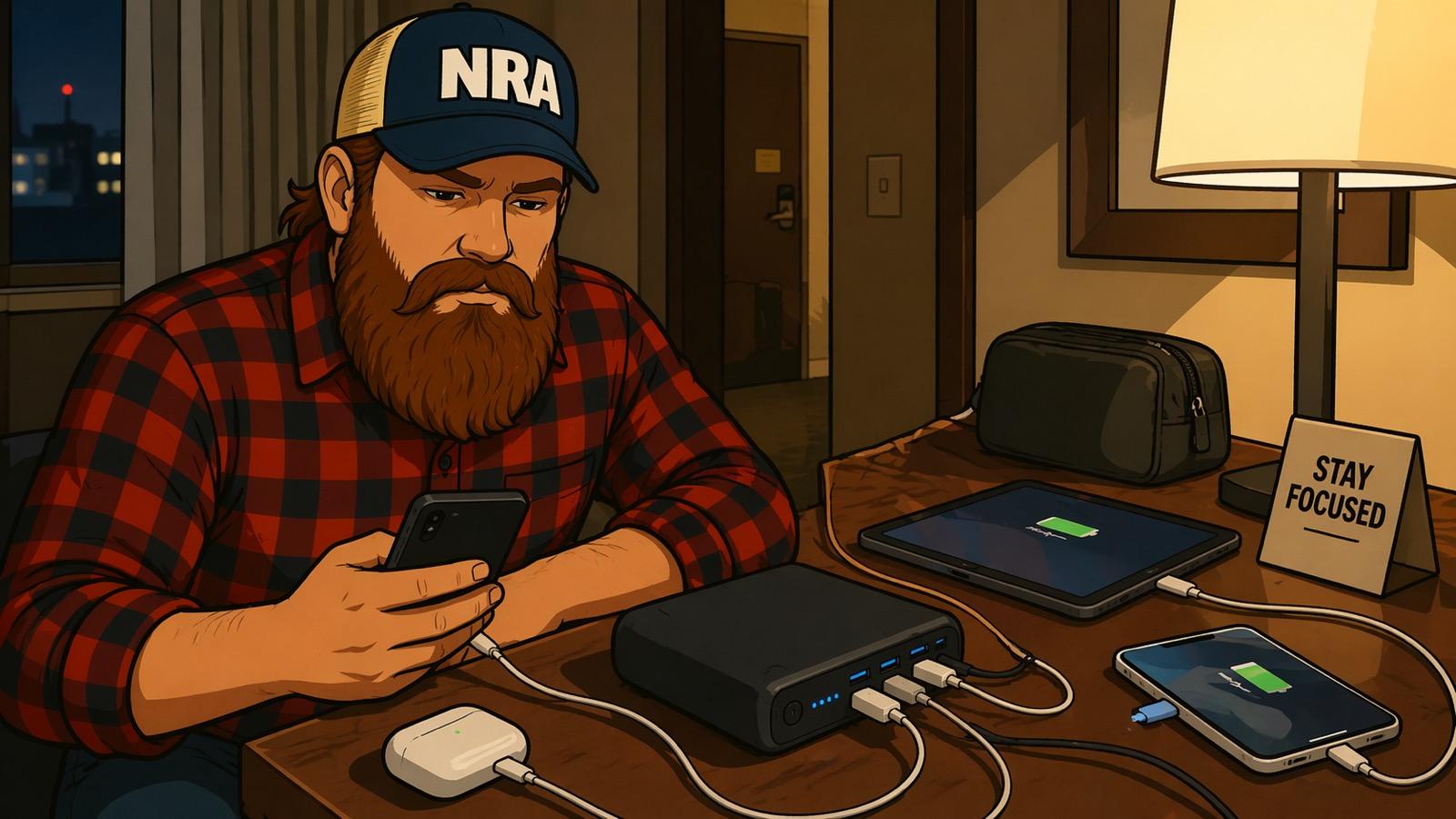 Bearded man in a red plaid flannel shirt and a navy NRA trucker cap at a wooden hotel-room desk, holding a phone wired to a black multi-port portable power bank that is simultaneously charging a tablet, a second phone, and an AirPods case. A warm lamp glows beside a small "STAY FOCUSED" desk sign, with a city night skyline visible through the window.