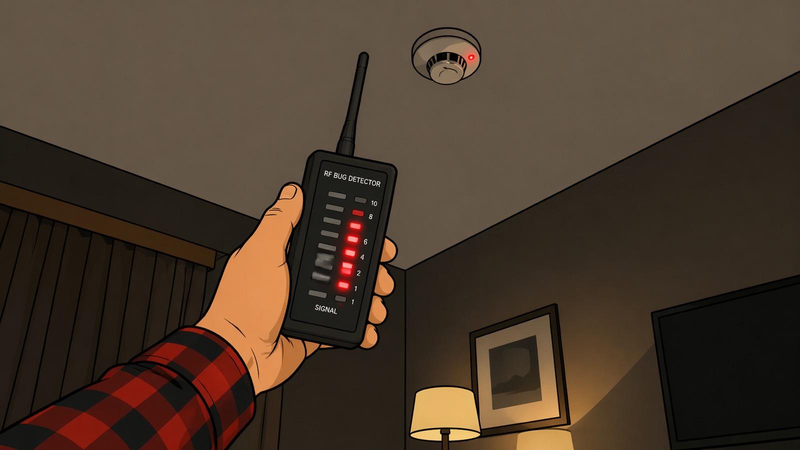 POV of a flannel-sleeved hand holding an "RF Bug Detector" with a red signal-strength bar lit to 8, antenna extended, pointed toward a ceiling smoke detector whose red LED is glowing. A dim hotel-style room with a lamp, framed print, and TV sits in the background.