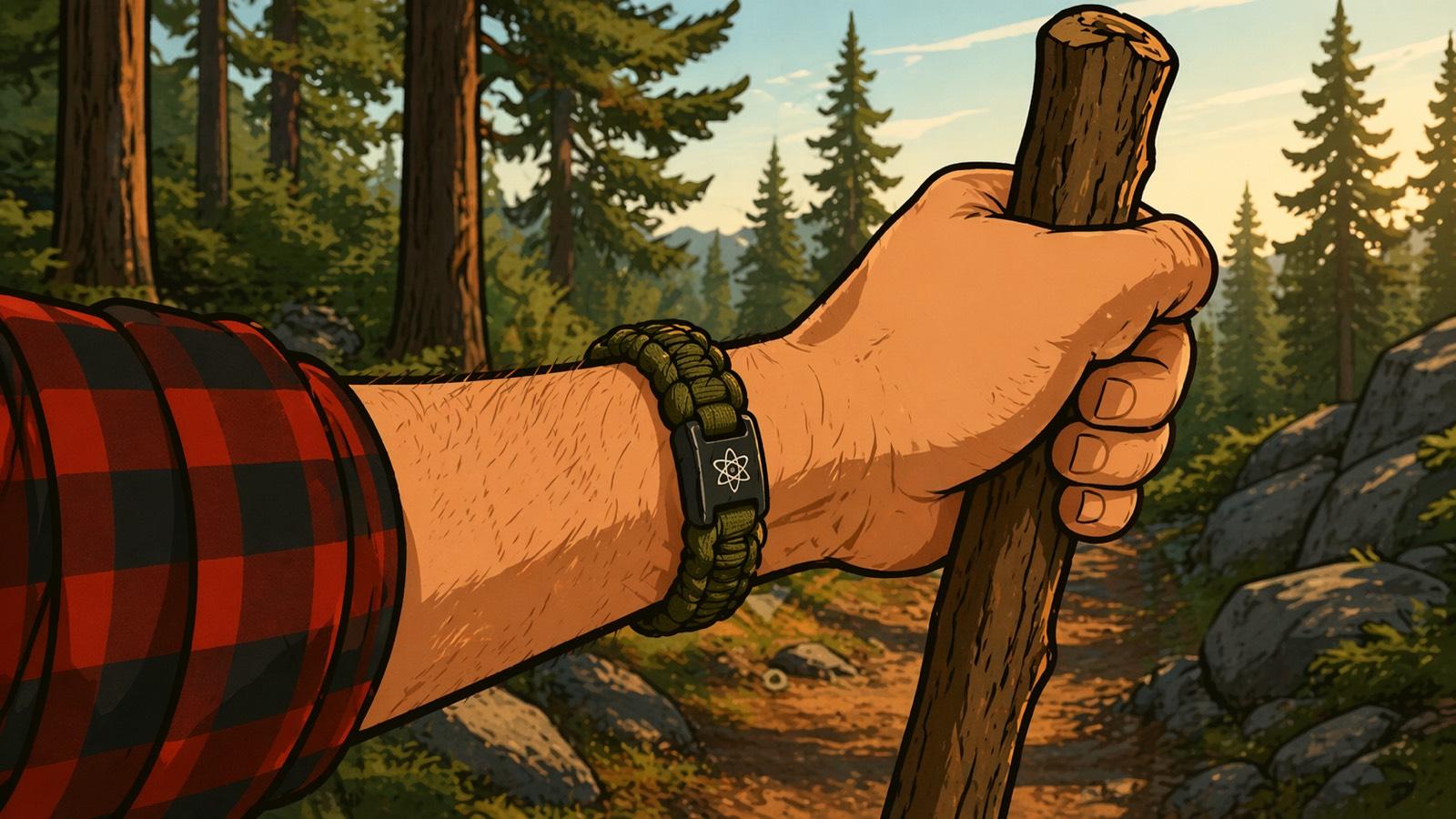 Close shot of a flannel-sleeved wrist wearing a woven olive paracord bracelet with an atomic-symbol badge, the same hand gripping a rough wooden hiking staff on a sunlit pine-forest mountain trail.