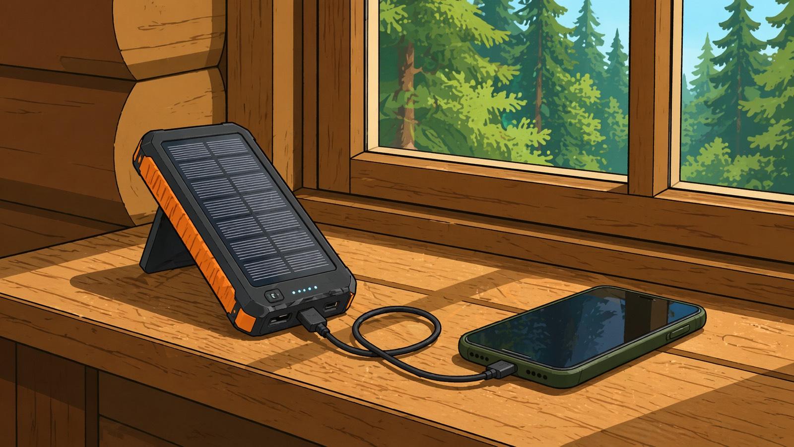 Orange-accented solar power bank propped on its kickstand on a log-cabin windowsill with the solar panel angled into the sun, a USB cable running to a phone lying on the sill beside it and pine forest visible through the window.