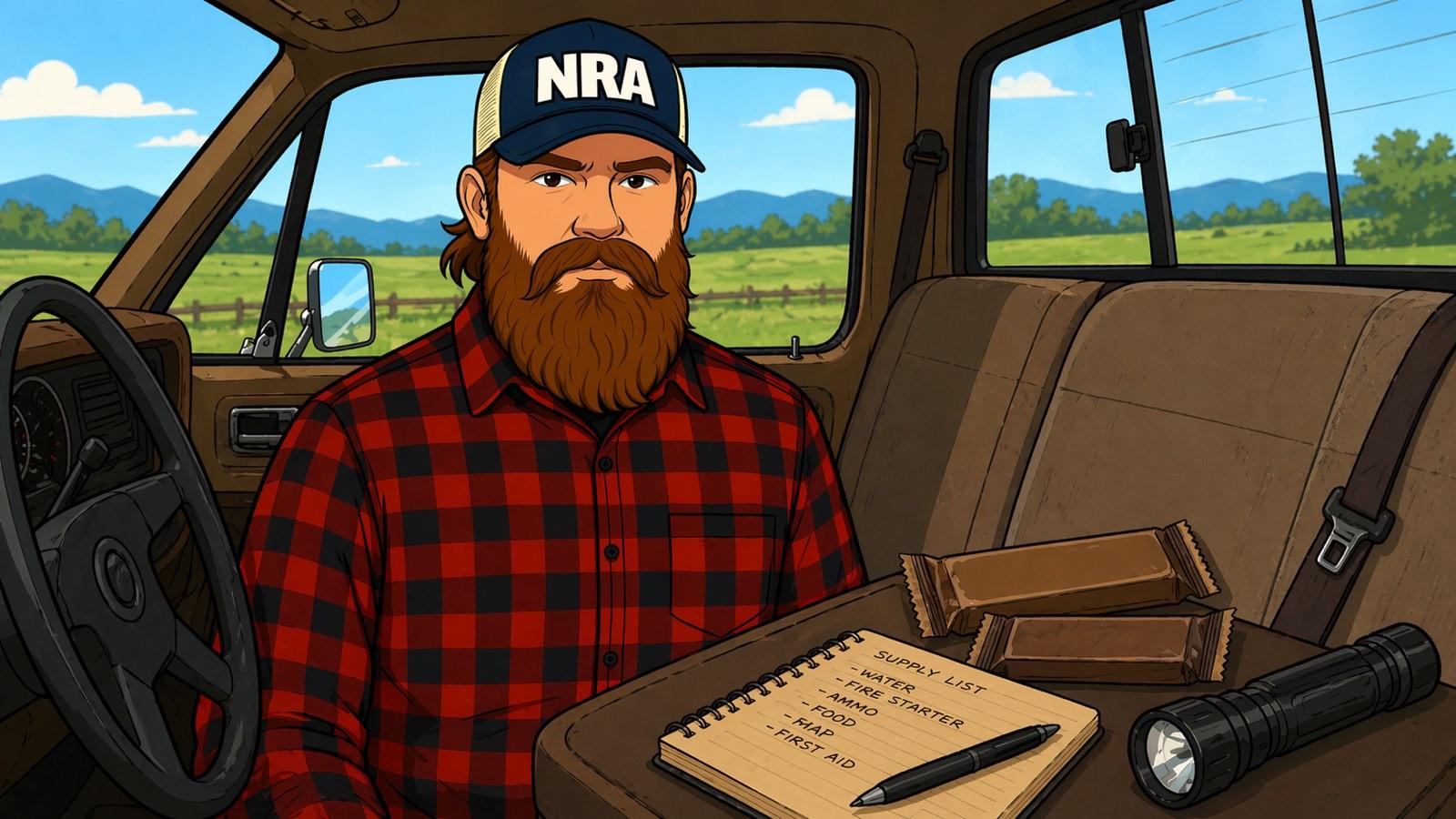 Bearded man in flannel and trucker cap sitting in the driver’s seat of a pickup truck. On the passenger seat: an open spiral notebook reading "Supply List — Water, Fire Starter, Ammo, Map, First Aid" beside a rectangular survival food bar pack and a flashlight. Tennessee fields and mountains visible through the windshield.