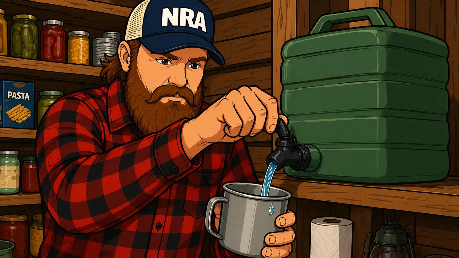 Bearded man in flannel and a trucker cap filling a tin mug from the black spigot of an olive-green collapsible water jug on a cabin pantry shelf, jars and dry goods on the shelves behind, an oil lantern on the side.