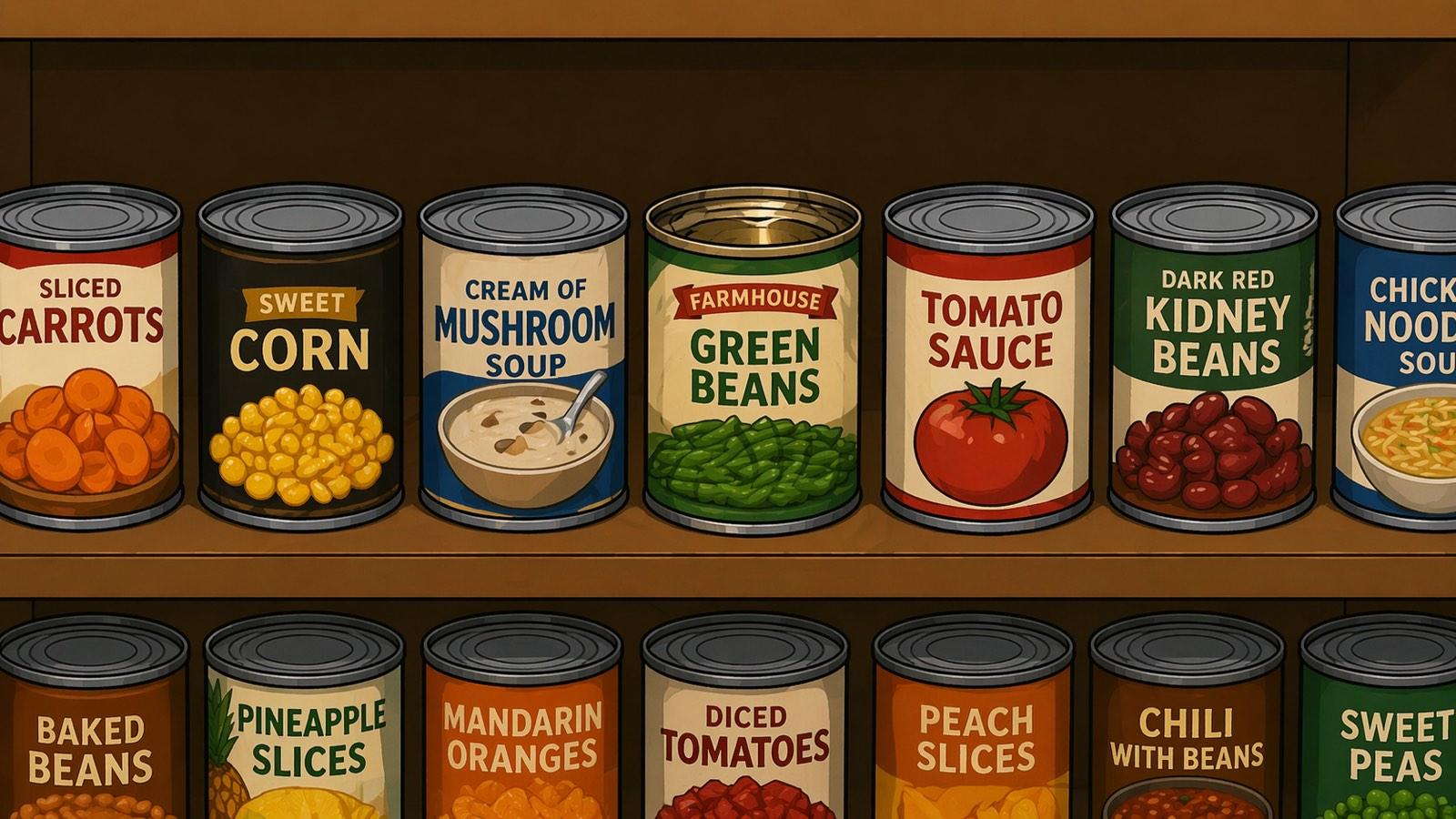 Two pantry shelves lined with ordinary-looking canned goods — sliced carrots, sweet corn, cream of mushroom soup, tomato sauce, kidney beans, baked beans, pineapple, mandarin oranges, diced tomatoes, peach slices, chili, sweet peas. The middle "Farmhouse Green Beans" can on the top shelf has its lid pried open, revealing it is hollow inside — a diversion safe hiding in plain sight.