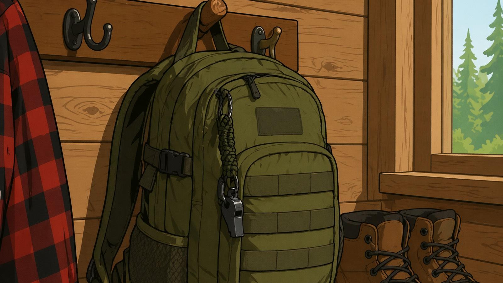 Olive-green MOLLE backpack hanging on a wooden peg inside a cabin mudroom with an aluminum whistle on a paracord lanyard clipped to the shoulder strap. A red flannel shirt hangs alongside, hiking boots wait below, and a window looks out onto pine forest.