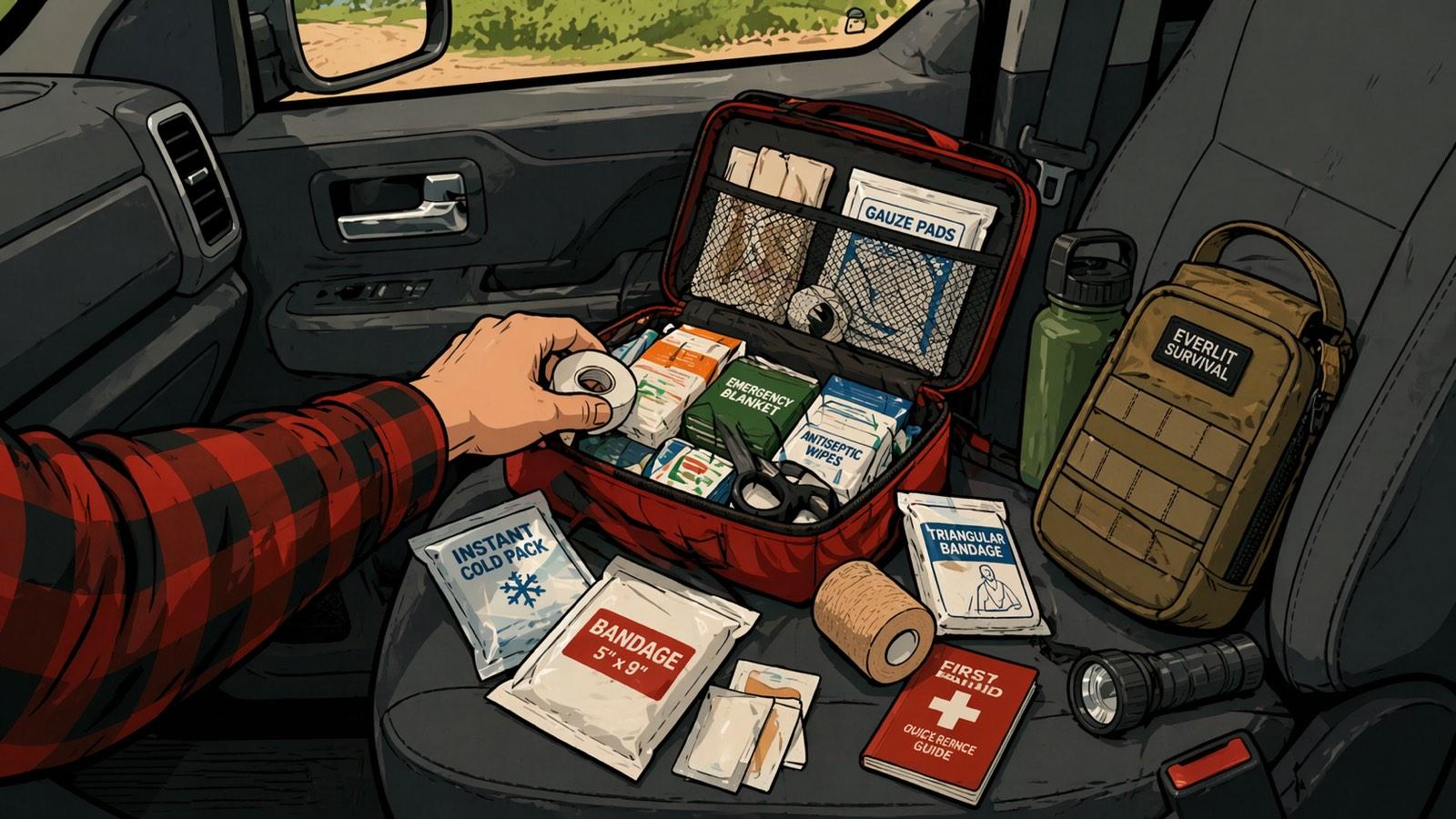 Opened first aid kit laid out across the passenger seat of a pickup truck — gauze pads, antiseptic wipes, instant cold pack, bandages, triangular bandage, reference guide, tape, and a flashlight visible. A flannel-sleeved hand holds a roll of medical tape. A tan "EVERLIT SURVIVAL" tactical pouch sits alongside.
