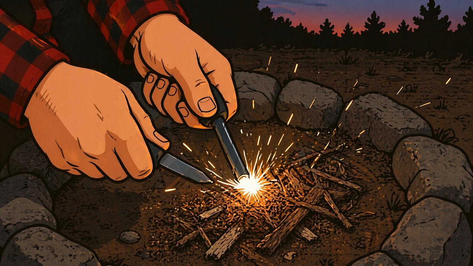 Close-up of flannel-sleeved hands striking a ferro rod with a steel striker over a small pile of kindling inside a stone fire ring, bright sparks flying onto the tinder. Dusk forest silhouette behind.