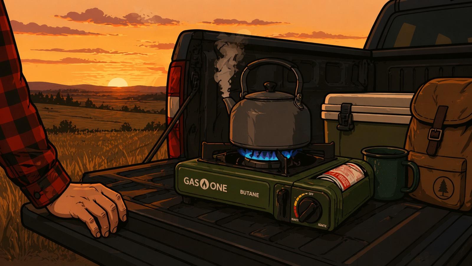 Portable butane camping stove lit with a blue flame on the open tailgate of a pickup truck, a kettle steaming on top, a cooler and canvas rucksack beside it, Tennessee fields and a setting sun behind. A flannel-sleeved hand rests on the tailgate.