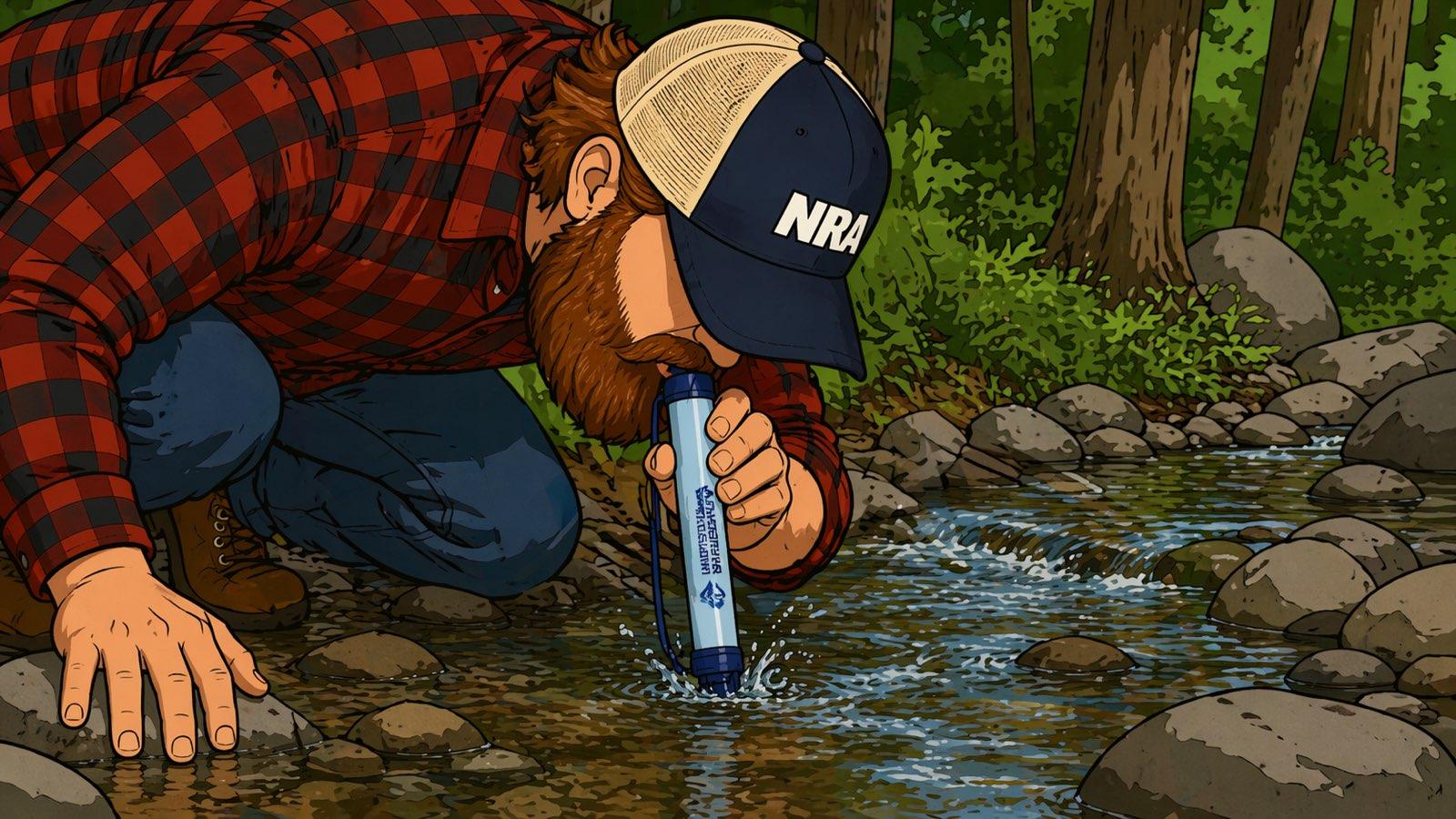 Bearded man in a red flannel shirt and trucker cap crouched on rocks beside a shallow Tennessee creek, drinking directly from the running water through a blue straw filter. Clear water, mossy stones, and sunlit forest behind.