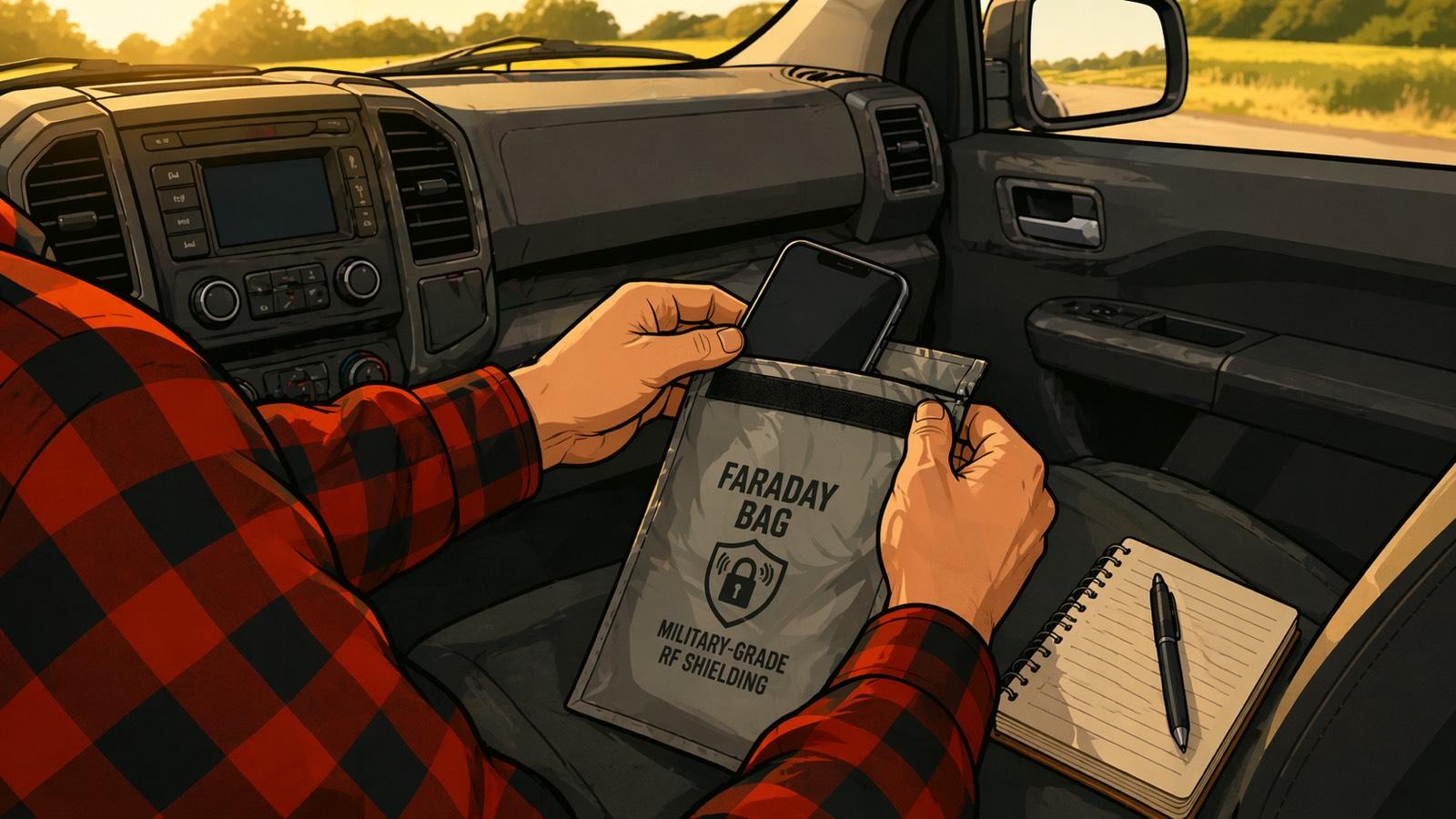 Inside a pickup truck at golden hour: flannel-sleeved hands sealing a phone into a Faraday bag labeled "Faraday Bag — Military-Grade RF Shielding" on the passenger seat, a spiral notebook and pen beside, Tennessee road and fields through the windshield.