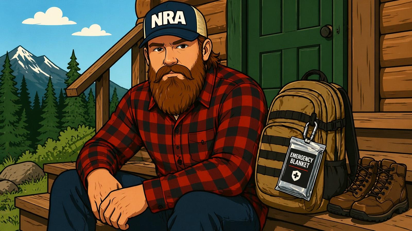 Bearded man in flannel and trucker cap seated on his log-cabin porch steps, a tan tactical day pack beside him with a silver foil "Emergency Blanket" pouch clipped to the outside by a carabiner. Tennessee mountains and pine forest visible behind.