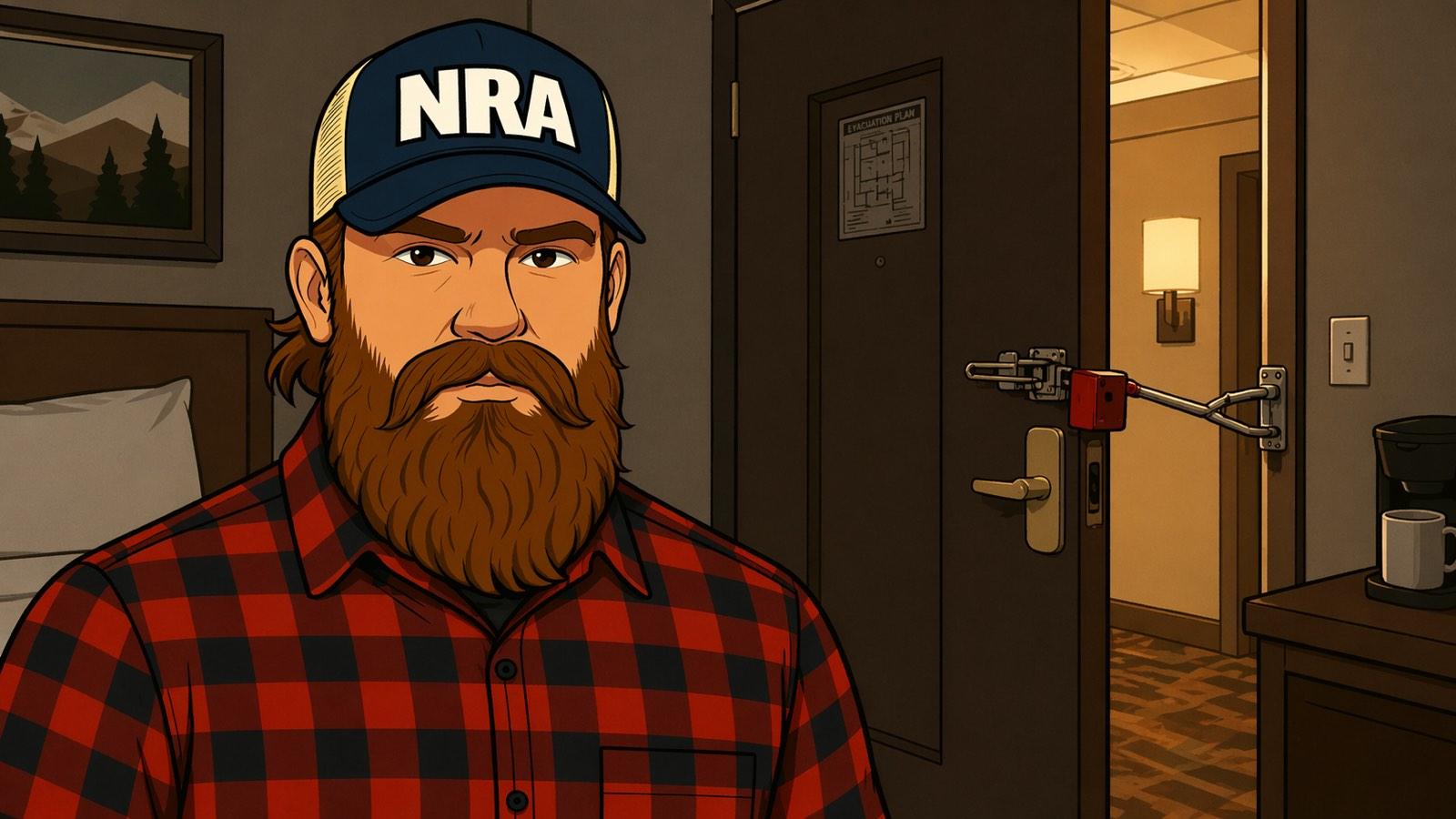 Bearded man in flannel and trucker cap inside a hotel room, a red portable door lock installed on the door frame behind him with its metal bracket hooked into the strike plate. Evacuation plan posted on the door, wall sconce glowing beyond, coffee maker and mug on the nightstand.