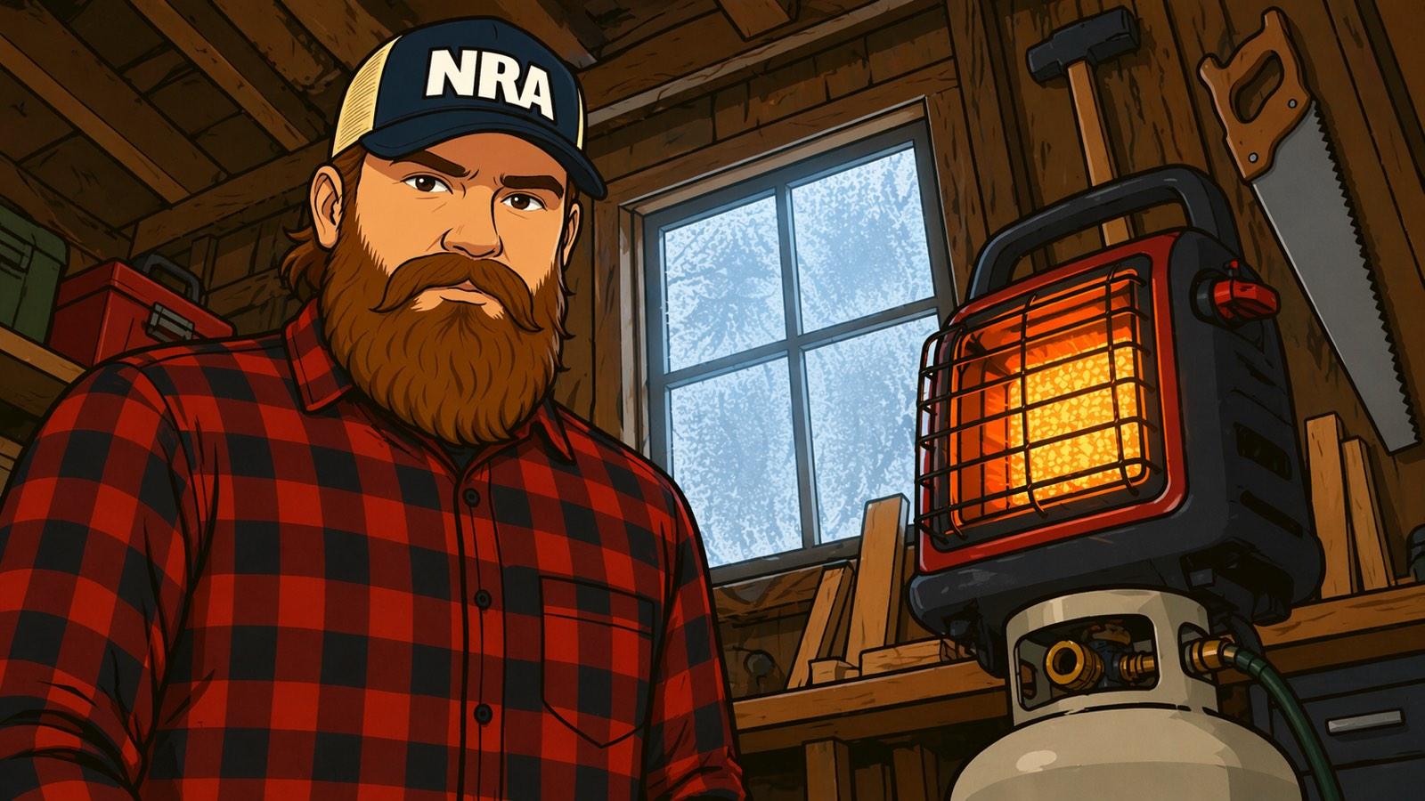 Bearded man in flannel and a trucker cap inside a wooden shed on a cold morning, standing beside a lit portable propane heater whose radiant panel glows bright orange, mounted on a propane tank. Frosted window light, tools and lumber in the background.