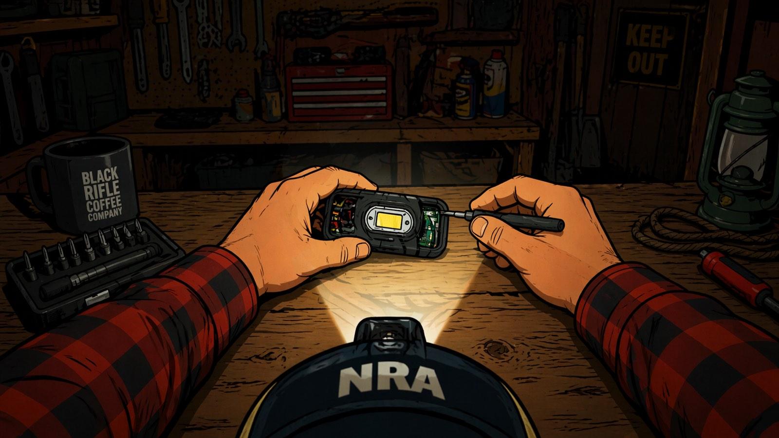 First-person POV at a workbench: both flannel-sleeved hands working on an LED device, one holding it and the other turning a small screwdriver against its exposed circuit board. The wearer’s headlamp casts a bright beam onto the work surface; a tool-covered pegboard, red tool chest, and oil lantern sit in the background of a cabin workshop.
