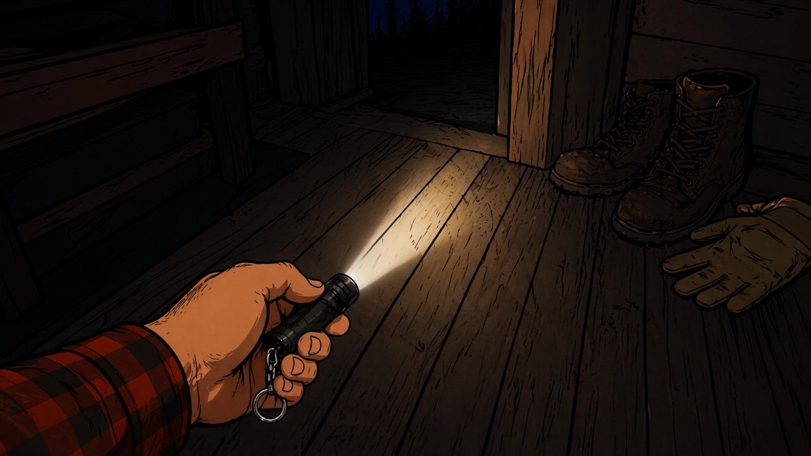 POV of a flannel-sleeved hand holding a mini keychain flashlight, the beam cutting across the dark wooden floor of a cabin mudroom and catching a pair of work boots and a dropped leather glove.