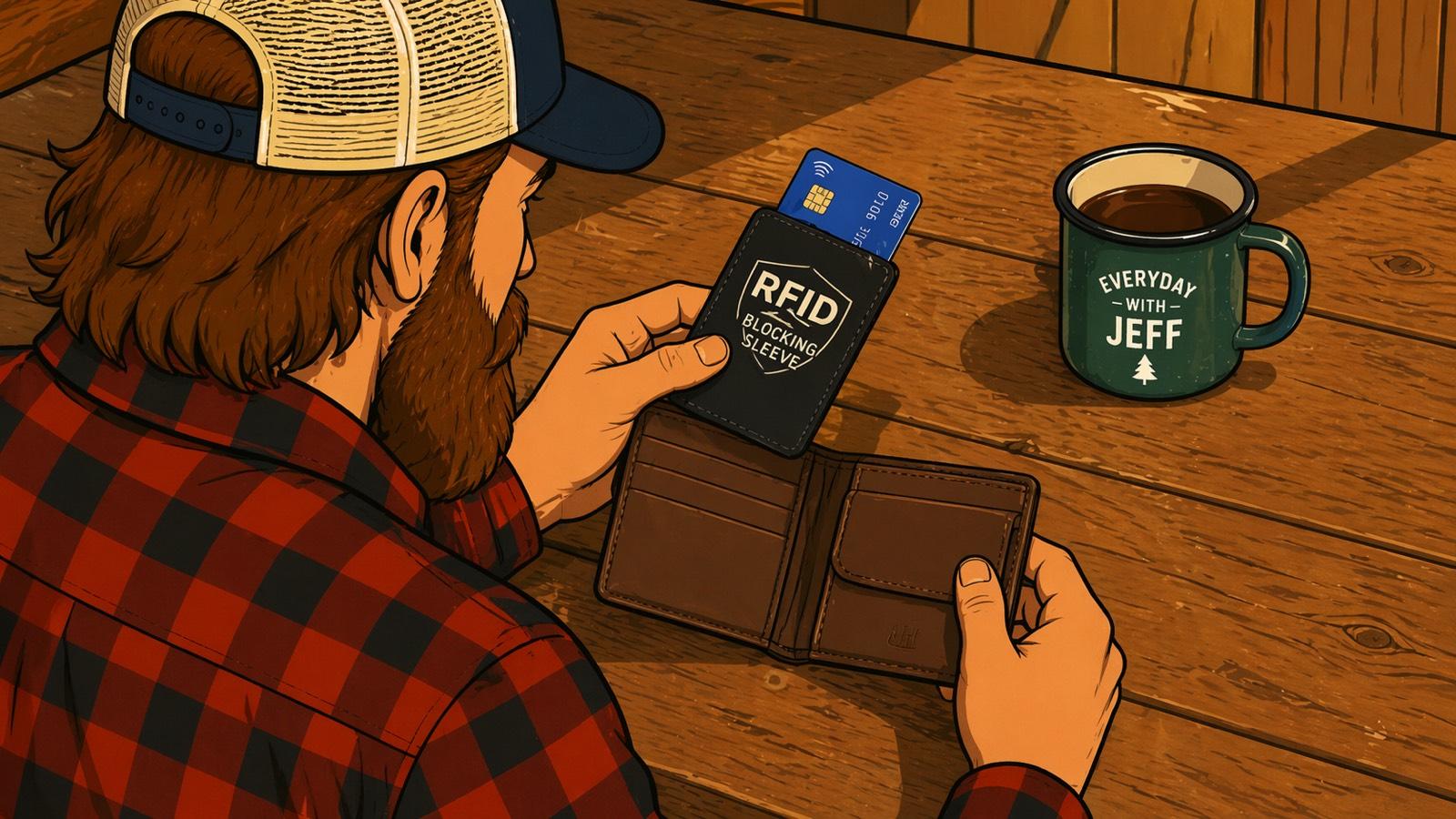 Over-the-shoulder view of a bearded man in flannel and trucker cap at a wooden table, sliding a credit card into an "RFID Blocking Sleeve" above an open leather wallet. An enamel mug sits on the table beside him.