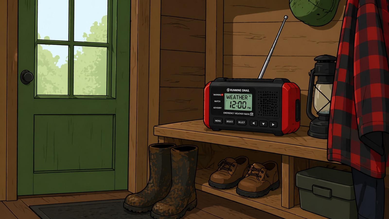 Red-and-black emergency weather radio with its antenna extended, display reading "WEATHER 12:00 PM", sitting on a wooden bench in a cabin mudroom beside an old oil lantern. Green back door, muddy boots, flannel and boonie hat hanging on the wall, an ammo can on the floor.