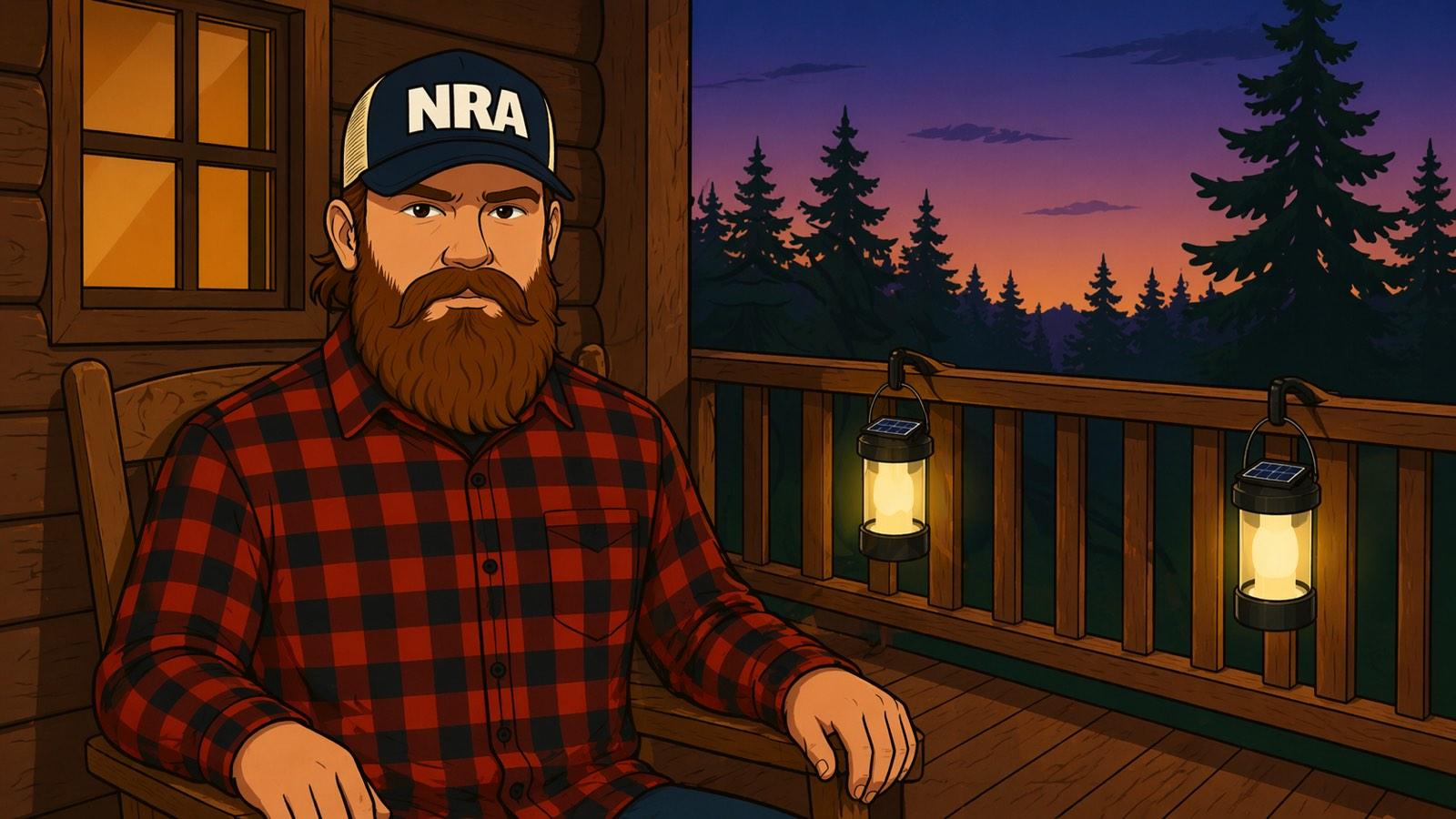 Bearded man in flannel and a trucker cap seated in a wooden chair on his log-cabin porch at dusk, with two solar lanterns glowing warm amber on the railing behind him and a pine-forest silhouette against a purple-and-orange sunset.