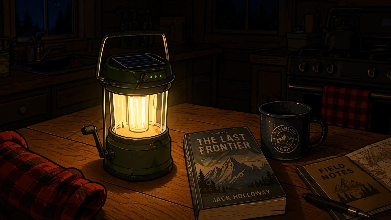 Green collapsible LED camping lantern with a solar panel on top glowing warm amber on a wooden cabin kitchen table at night, surrounded by a paperback novel, an enamel mug, a field notebook with pen, and a folded flannel. Cabin kitchen with sink and stove in the background.