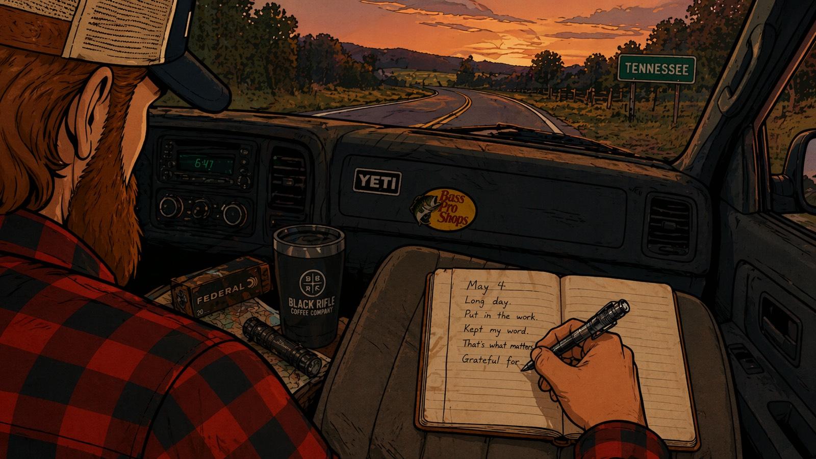 Interior of a pickup truck at sunset with a bearded man in flannel and trucker cap writing a reflective daily entry in a field notebook with a tactical pen, Tennessee highway and open sky through the windshield.