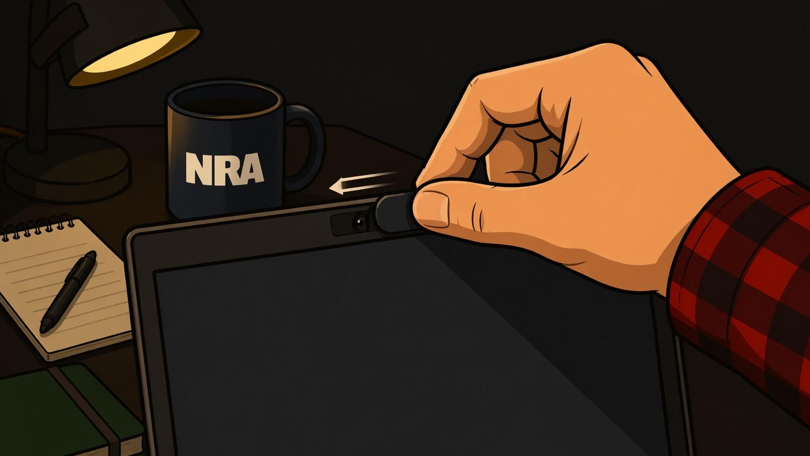 Close-up of a flannel-sleeved hand sliding a webcam cover closed over a laptop camera on a dark desk, lit by a single lamp. A notebook, pen, and a coffee mug sit beside the laptop.